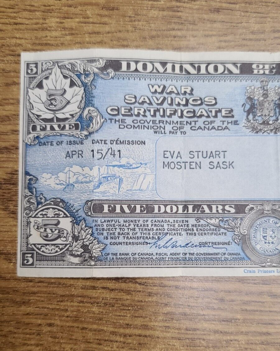 Dominion of Canada War Savings Certificate $5 April 1941 Mosten Saskatchewan