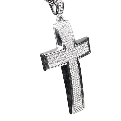 Big Cross Necklace Silver Tone Simulated CZ Hip Hop Pendant Franco Chain 36" - Picture 11 of 11