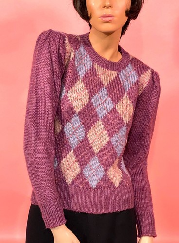 Vintage 80’s Crazy Horse Pullover Pulli Argyle Mauve Rosa Blau Puffy Shoulders - Bild 7 von 8