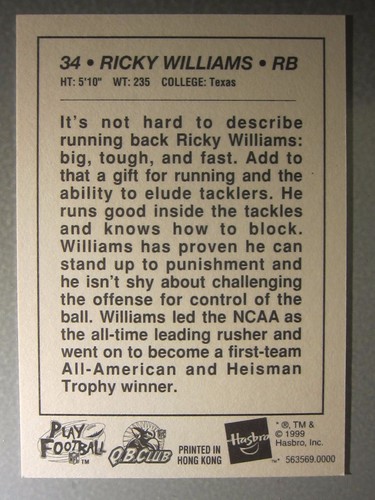 *Rare* 1999 Hasbro Starting Lineup Extended Cards #8 Ricky Williams RC - Picture 2 of 2