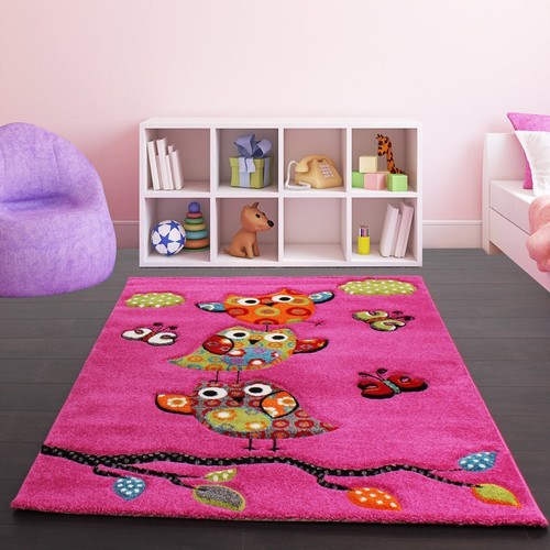 Kids Pink Rug Modern Design Carpet Soft Children Bedroom Cute Green Owl Playroom