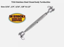 Sizes 3/16" to 1/2" T316 Stainless Steel Jaw/Jaw Closed Body Turnbuckles