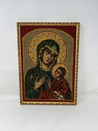 Completed Vintage Cross Stitch Virgin Mary Catholic Gilt Gold Wood Frame 14”x10” - Picture 2 of 15