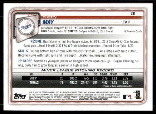 Bowman #38 2020 Dustin May novato - Imagen 6 de 10