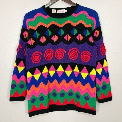 Vintage Colorful Knit Pullover Sweater Women’s Size S 3D Retro Geometric Cotton - 第 1/6 張圖片