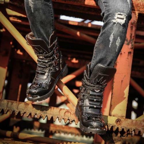 Herren Stiefel Punk Biker Combat Spitze Schwarz Motorrad Cool Gothic Militär Schuhe - Bild 7 von 7
