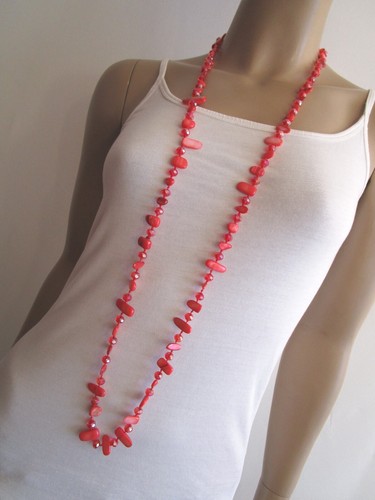 Damen Hals Kette Modekette Bettelkette lang Perlmutt Perlen Rot Endloskette TOP - Bild 5 von 5