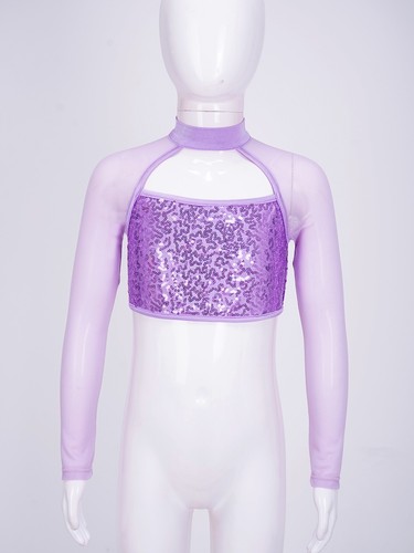 UK Kids Girls Sequins Crop Tops Spliced Long Sleeve Jazz Hip Hop Dance Costume - Picture 46 of 135