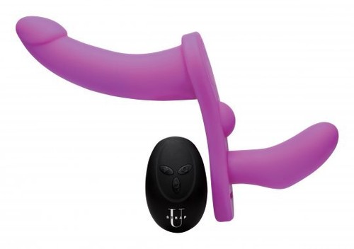 Double Take 10X Double Penetration Strap-on Harness Purple U Pegging Vibrator Di - Picture 2 of 24