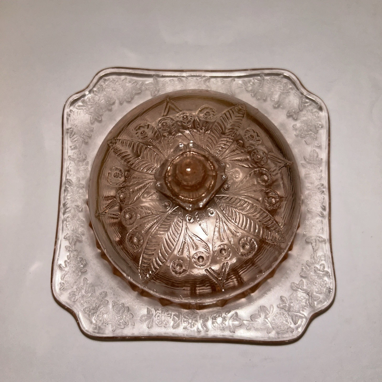 Vintage Jeannette Pink Depression Glass Butter Dish w/ Dome Lid Adam Pattern