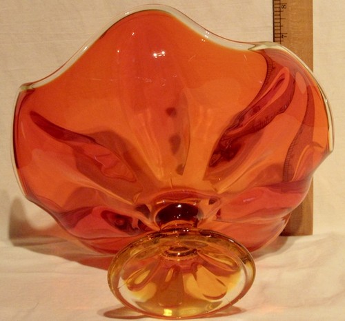 WUNDERSCHÖNE MCM VINTAGE WIKINGER GLAS EPIC 6 BLÜTENBLÄTTER PERSIMONE ORANGE SOCKEL SCHALE - Bild 5 von 6