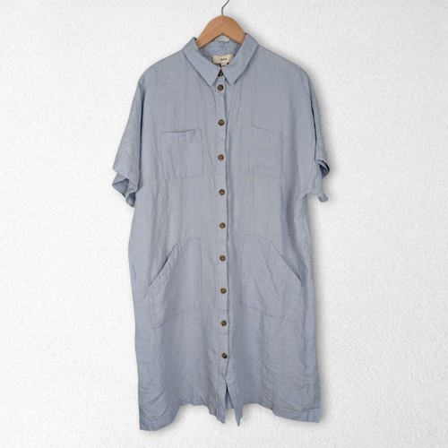 Sauths Audrey Linen Shirt Dress Size 2XL Blue Shift Button Up Coastal Beachy NEW