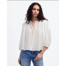 Madewell Shirred Crewneck Button Up Top US Women's XXS