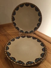 Elama  Clay Hart Stoneware 11" Dinner Plates Geometric Tan Turquoise S2 ~ NWOB