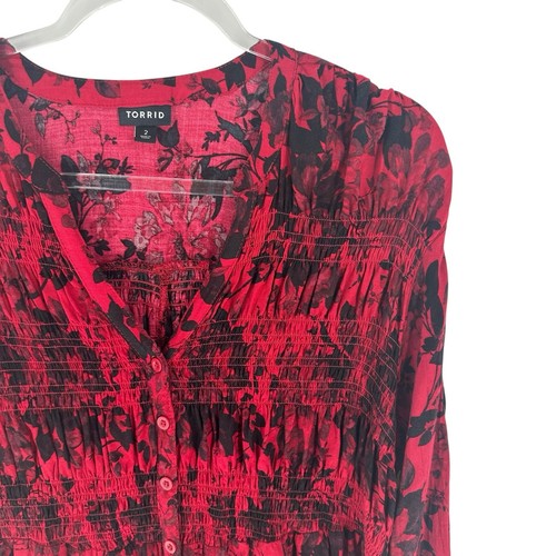 Torrid Tunika Bluse Damen 2X rot schwarz Blumen gesmokt Langarm Babydoll - Bild 8 von 17