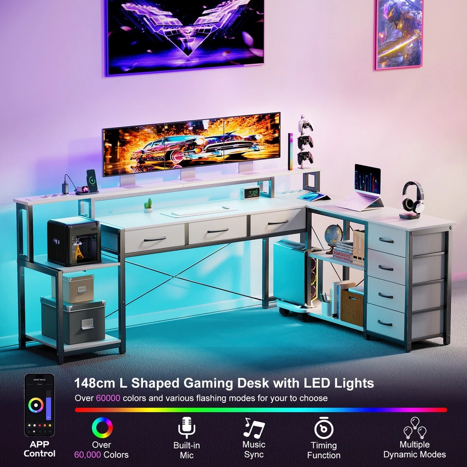 Weiß L Form Schreibtische mit 7 Schubladen Steckdosen Einstellbare LED Lights - Bild 3 von 4