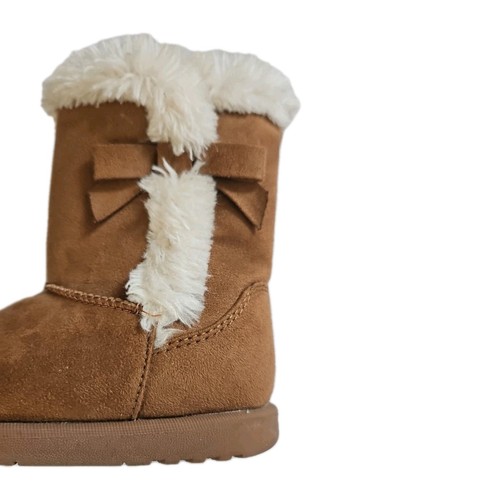 Falls Creek Girls Winter Warm Casual Boots Faux Fur Suede Bow Tan Size 9 - Picture 7 of 8