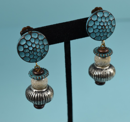 Vintage Chunky Turquoise Enamel Dangle Silver Tone Clip On Earrings 2.35" Drop - Picture 7 of 10