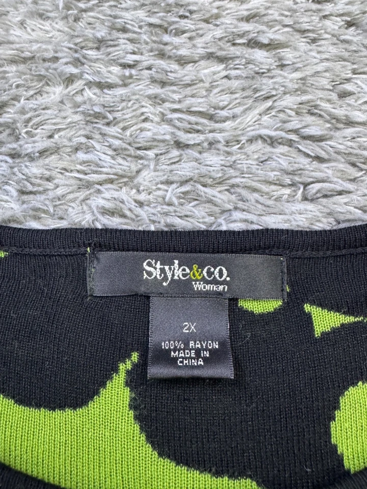 Suéter Style Co Mujer 2X Verde Lima Floral Manga 3/4 Artístico Boho Túnica Pullover Foto 3 de 4