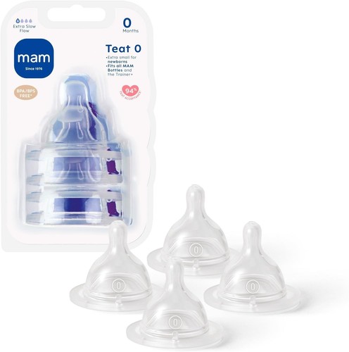 MAM Extra-Slow Flow Teats Size 0 - Fits all MAM Baby Bottles (Newborn) Pack of 4