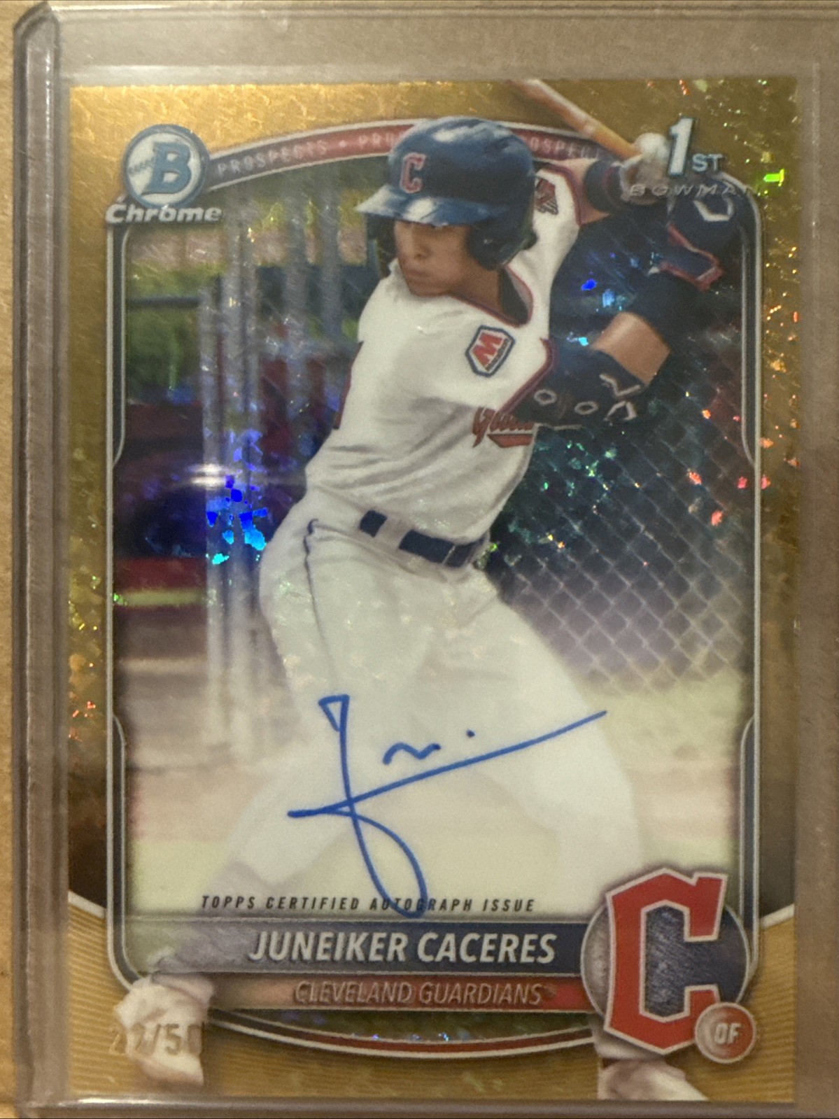 2025 BOWMAN CHROME 1ST TRUE GOLD REFRACTOR JUNEIKER CACERES  AUTO 22/50