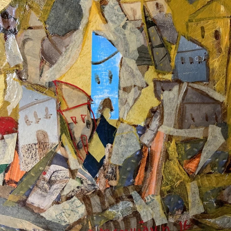 Collage de pintura de medios mixtos de arte contemporáneo Olga Verikaki 'Sunshine 2' 2016 Foto 3 de 4