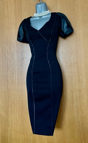 Karen Millen UK 8 elegantes schwarzes tailliertes Kleid V-Ausschnitt Puffärmel Cocktail Abend - Bild 5 von 10
