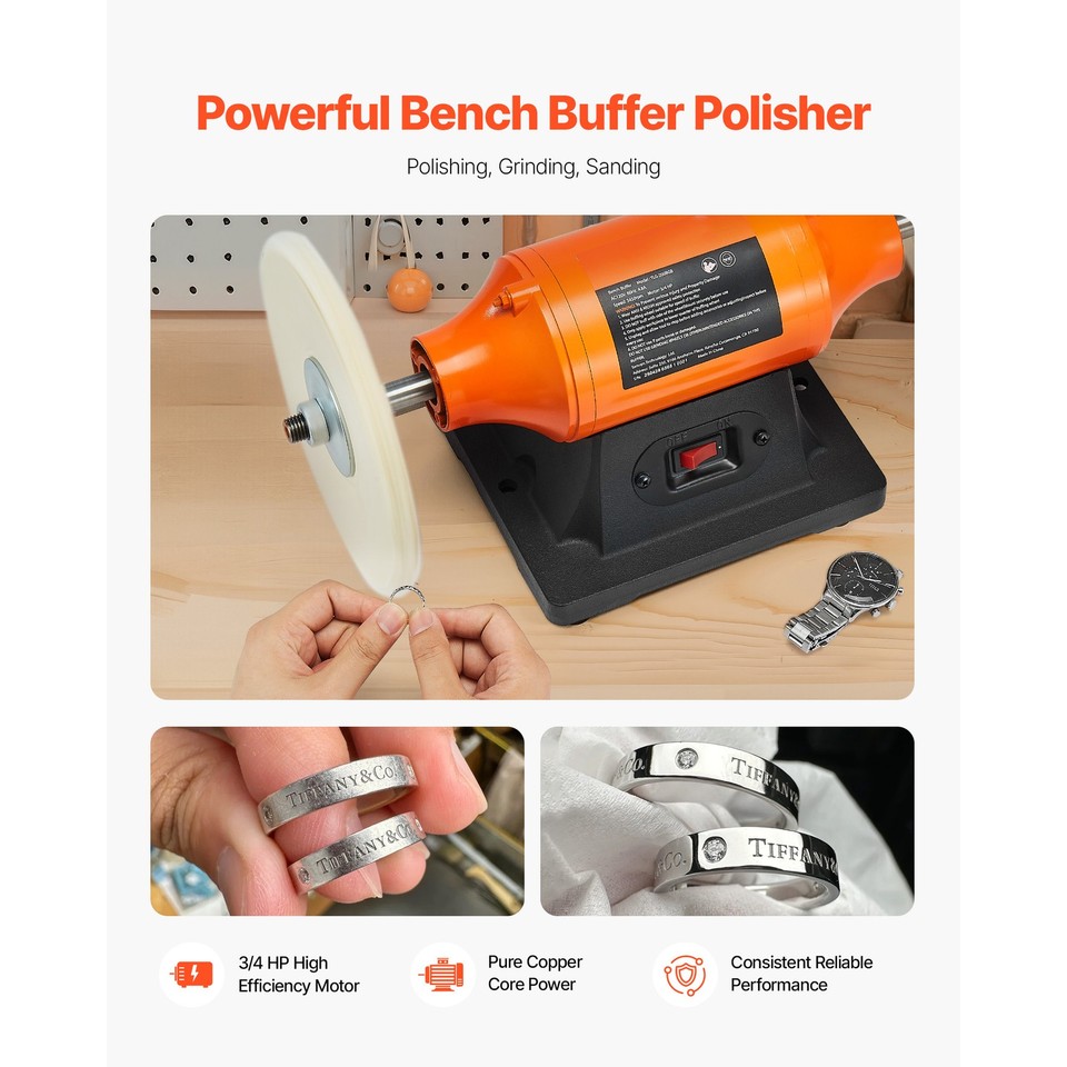 Uimoso 8 Inch Bench Buffer Polisher – 3/4 HP, 3450 RPM, Single Speed, For Metal, Jewelry, Wood Polishing