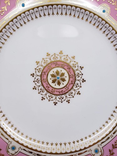 12er Set Minton Tiffany & Co. Perlen & erhabenes Gold Pompadour rosa Teller - Bild 3 von 5