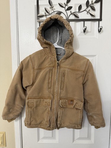 Carhartt Distressed Jacket Youth Boys Size 6 Sherpa Lining Hooded Coat - Picture 1 of 8