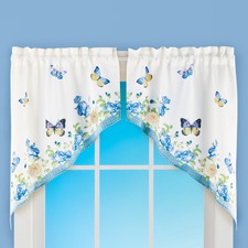 Blue & Ivory Floral Rose Butterfly Window Curtains