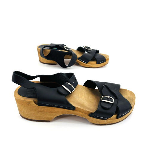 Womens 9 40 Mia Swedish Gertrude Black Leather Clogs Sandals Wooden Wood Sole - Picture 6 of 12