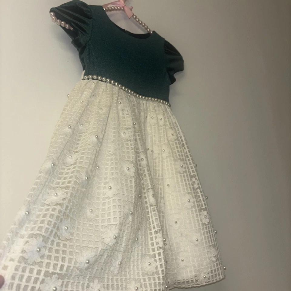 Niñas Talla 5 Vestido Evento Boda Bordado Perlas Cremallera Grn Blanco Flor Niña Foto 3 de 4