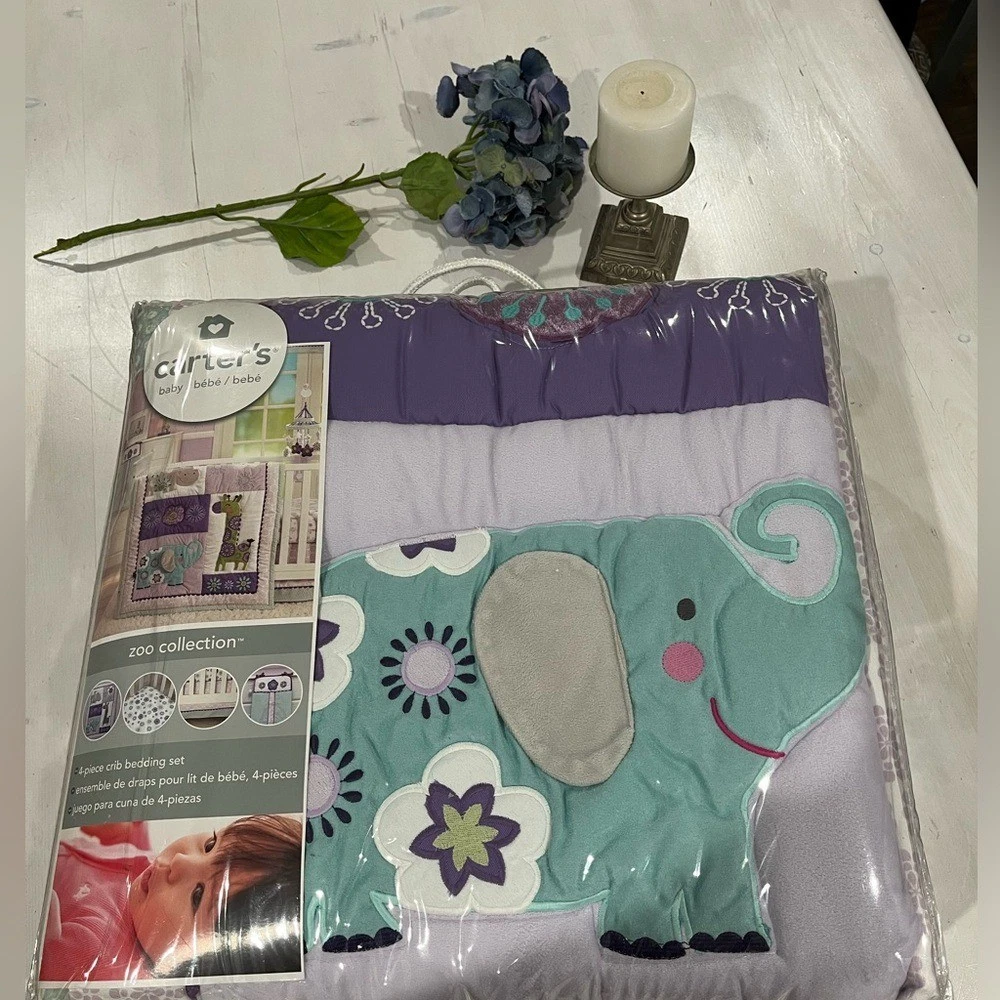NEW Carters zoo crib set: comforter, dust ruffle, sheet, nursery organizer