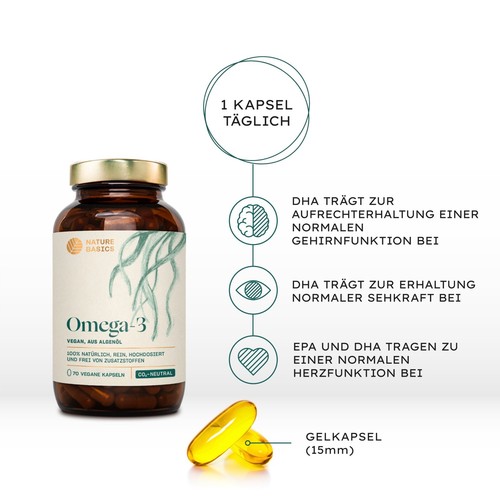 Omega 3 Algenöl hochdosiert 250mg DHA 125mg EPA Vegan 70 Kapseln Nature Basics - Bild 2 von 7