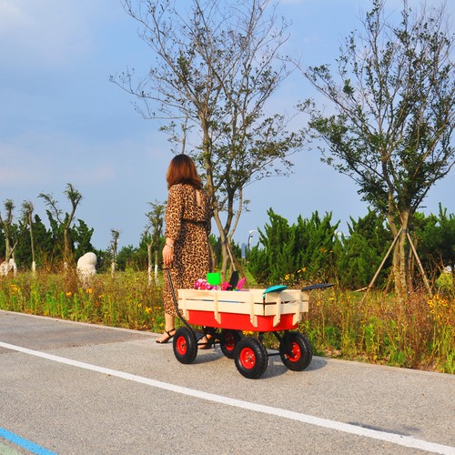 outdoor sport wagon tools cart wooden side panels air tires Wagon (red) - Picture 9 of 20