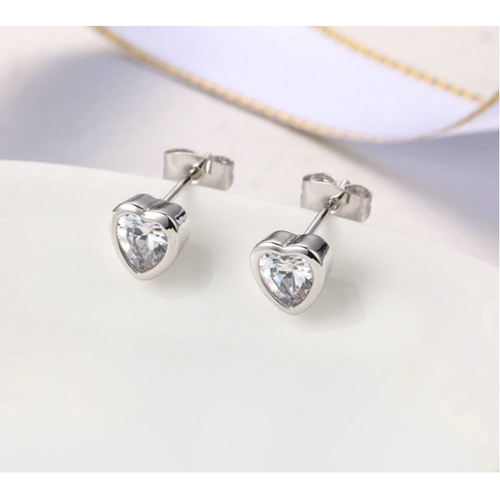Petites Boucles d'Oreilles Femme Puces Coeur Cristal Blanc - Bijoux des Lys - Foto 3 di 5