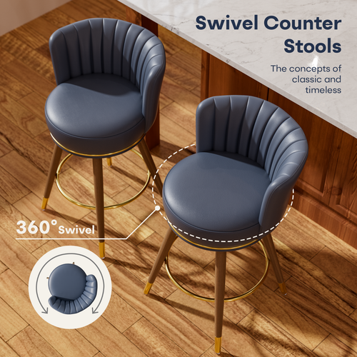 Set of 2 BarStools Pu Leather Swivel Counter Height Stools Kitchen Blue 24'' - Picture 4 of 9