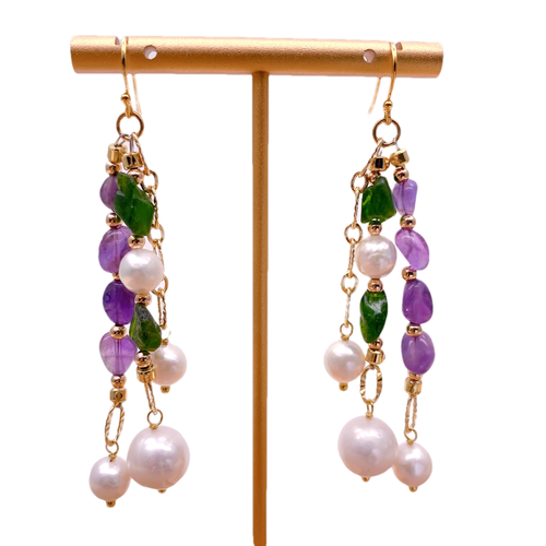 Cultured Pearl Green Diopside Amethyst Dangle Earrings Natural Stone earring - Picture 2 of 6