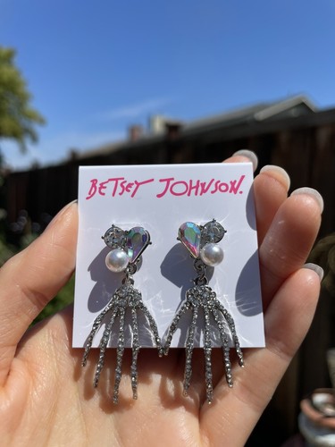 Authentic Betsey Johnson Skeleton Hands Rhinestone Crystal Goth Earrings Nwt - Picture 5 of 9