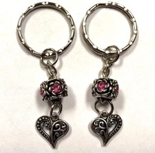 heart  rose bead friendship keychains set of 2 silver tone gift key ring 64