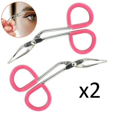 PEBBLE ELEVEN 2 x Pink Scissor Handle Straight Tip Tweezers Eyebrow Hair Remover Tool Pluckers