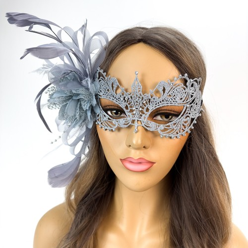 Lace Masquerade Mask with Luxury Feathers Dove Gray Silver - Picture 6 of 6