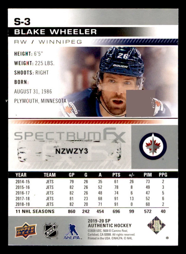 2019-20 SP Authentic Spectrum FX #S3 Blake Wheeler (ref 237430) - Image 2 of 2