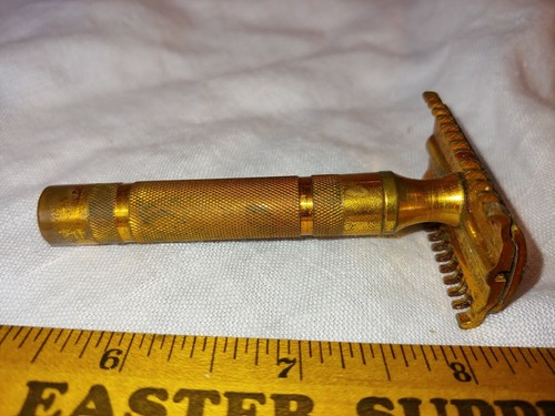 Vintage 1930s? Gillette Fat Handle Double Edged Safety Razor Gold Tone Long Comb - Picture 4 of 10