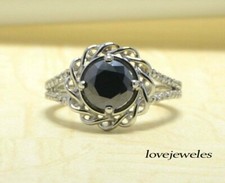 925 Sterling Silver 2.12CT Round Cut Real Black Onyx Engagement Wedding Ring