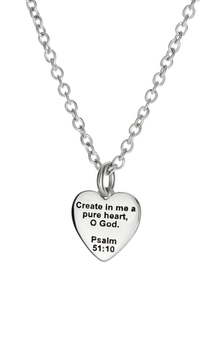 Women's Stainless Steel Pure Heart Necklace - Psalm 51:10 - Picture 3 of 4