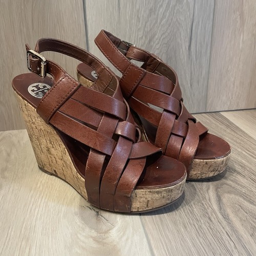 Tory Burch Ace High Platform Wedge Sienna Leather Sandals Size 8 Cork Heel