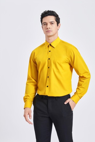 HISDERN Yellow Dress Shirt for Men Long Sleeve Casual Shirt Solid, Size - 2XL - Picture 5 of 6