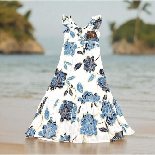 Iman Global Chic Blue Floral Maxi Dress VNeck Size MP Medium Petite NWT Hawaiian